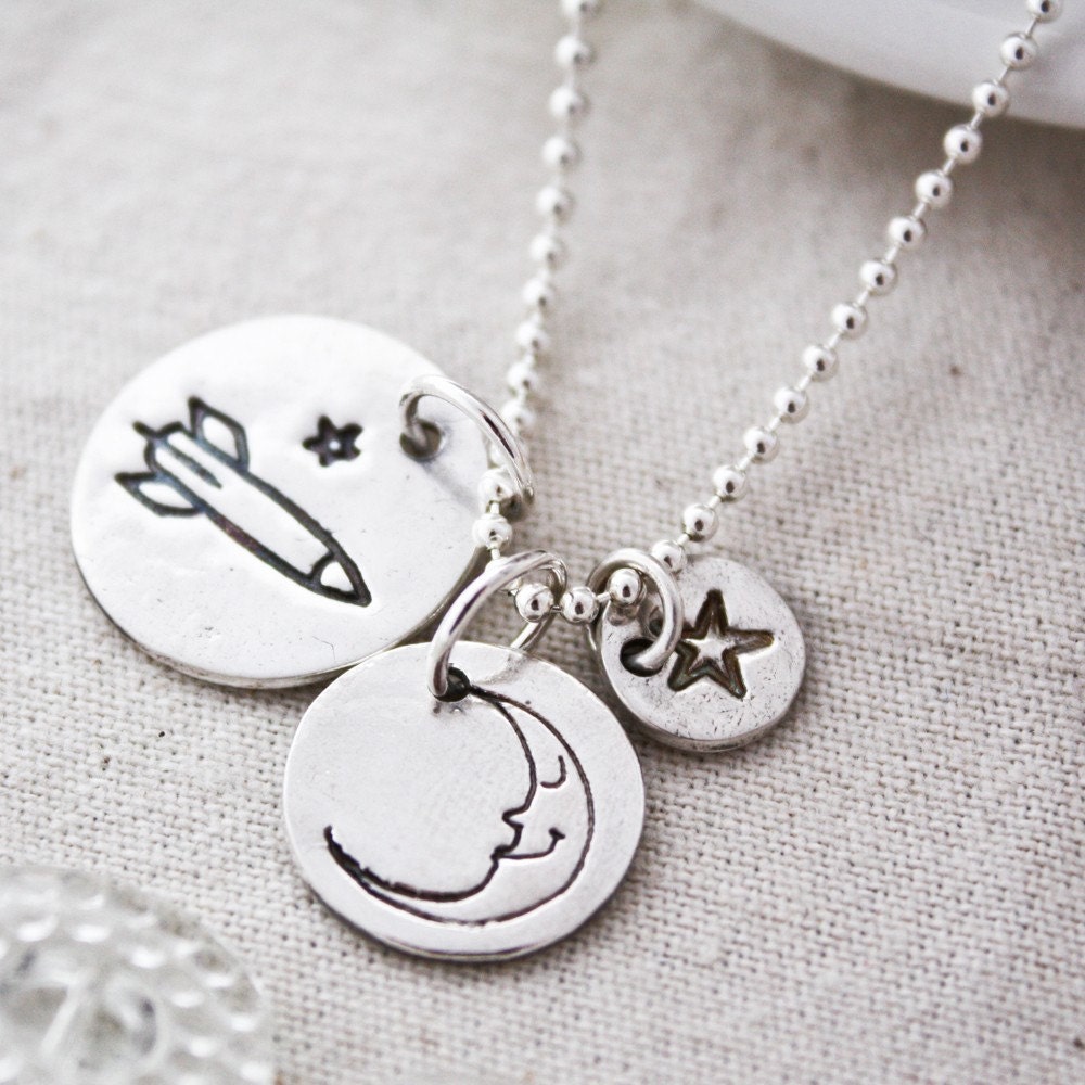 rocket ship to the moon...fine silver three charm necklace
