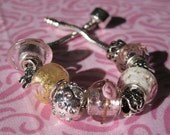 Pink and Gold Bead with Cat Pandora Style Silver Toned 7.5 Inch Starter Bracelet