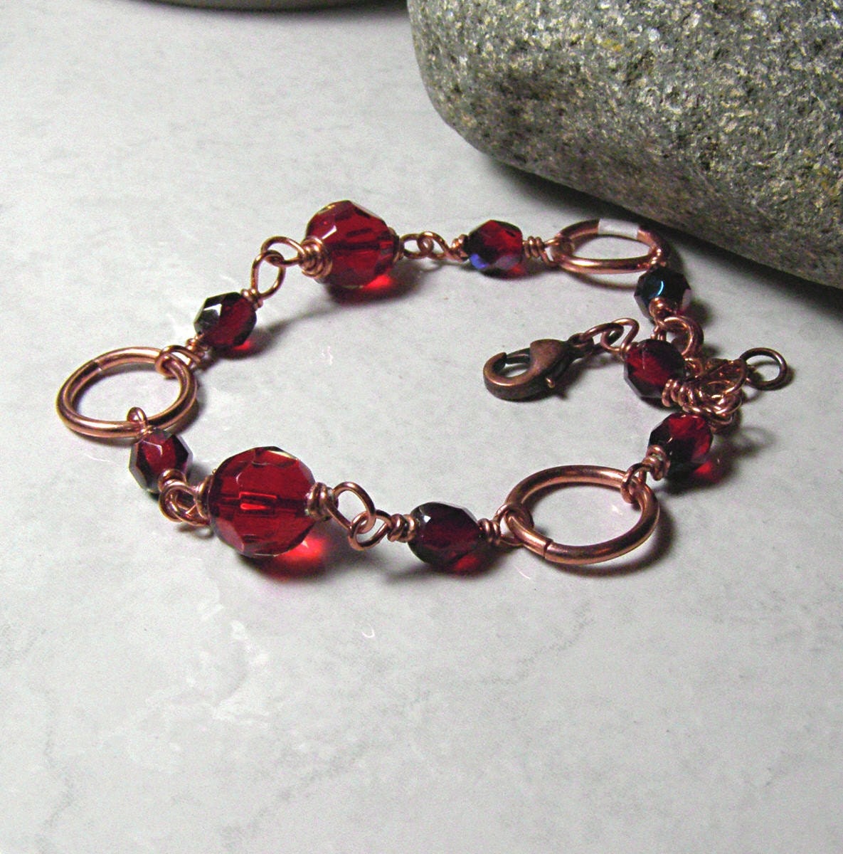 Bracelet and Earring Set Solid Copper and Red Glass Beads