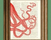 Sea Monster Art Print Red Tentacles llustration beautifully upcycled dictionary page book art print