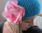 The Cutest knit beanie hat turquoise. pink.