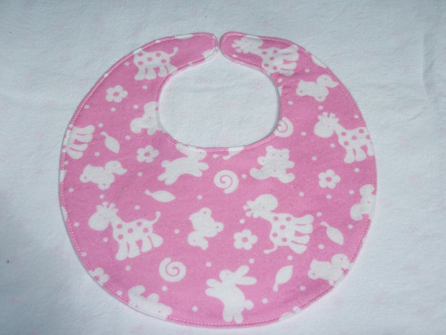 Baby Bibs, four soft layers, reversible, pink with white animals