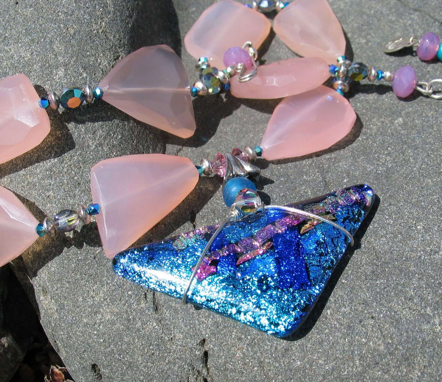 Pink Chalcedony and Bright Blue Necklace - Statement necklace