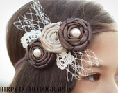 Vintage Inspired Rosette Headband in Shades of Mocha Brown with French Millinery Tulle, Pearls and Vintage Lace Infants, Babies or Adults