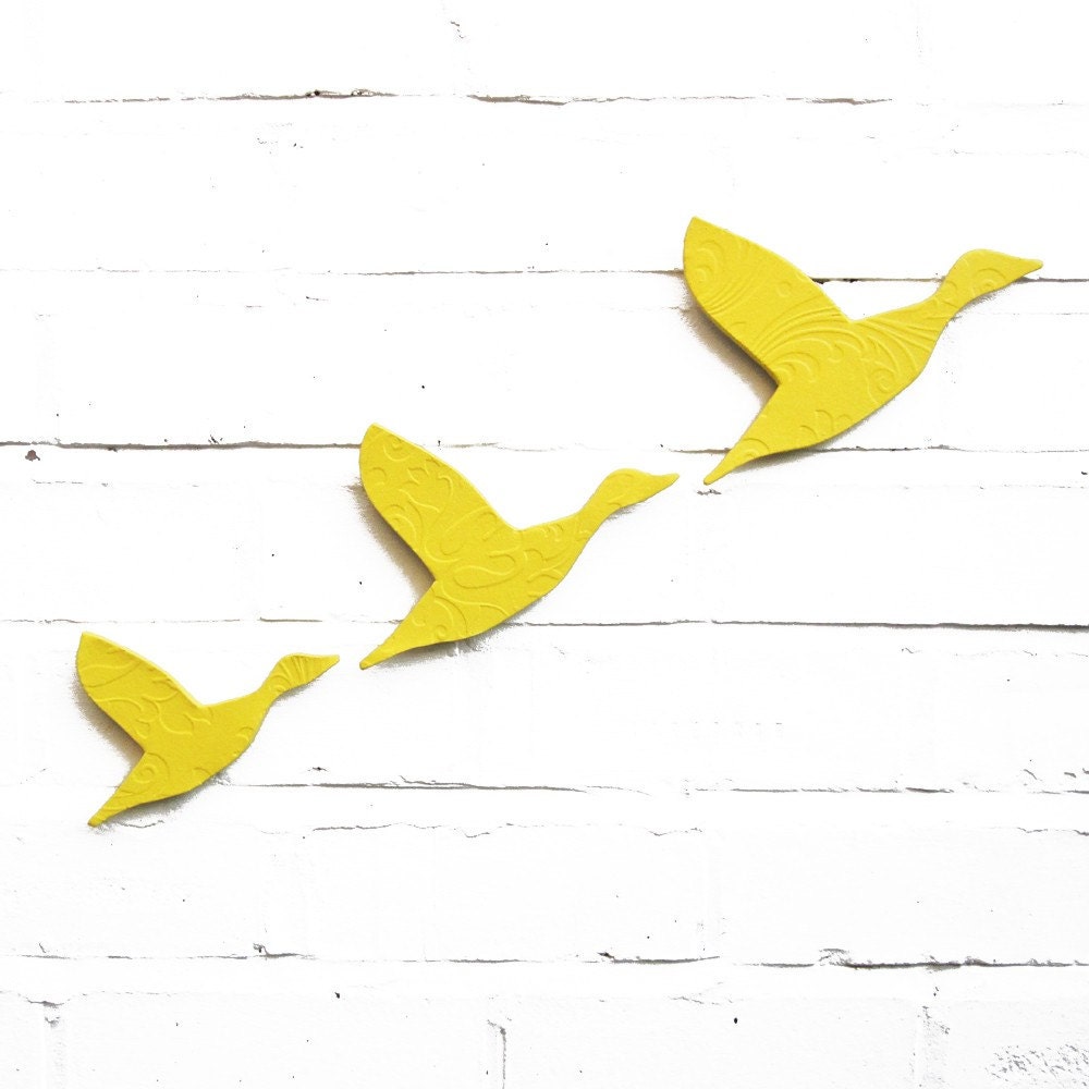 Flock Flying ducks wall art in sunshine yellow finish ceramic Set of three pottery birds Home decor, living room, kitchen or bathroom art