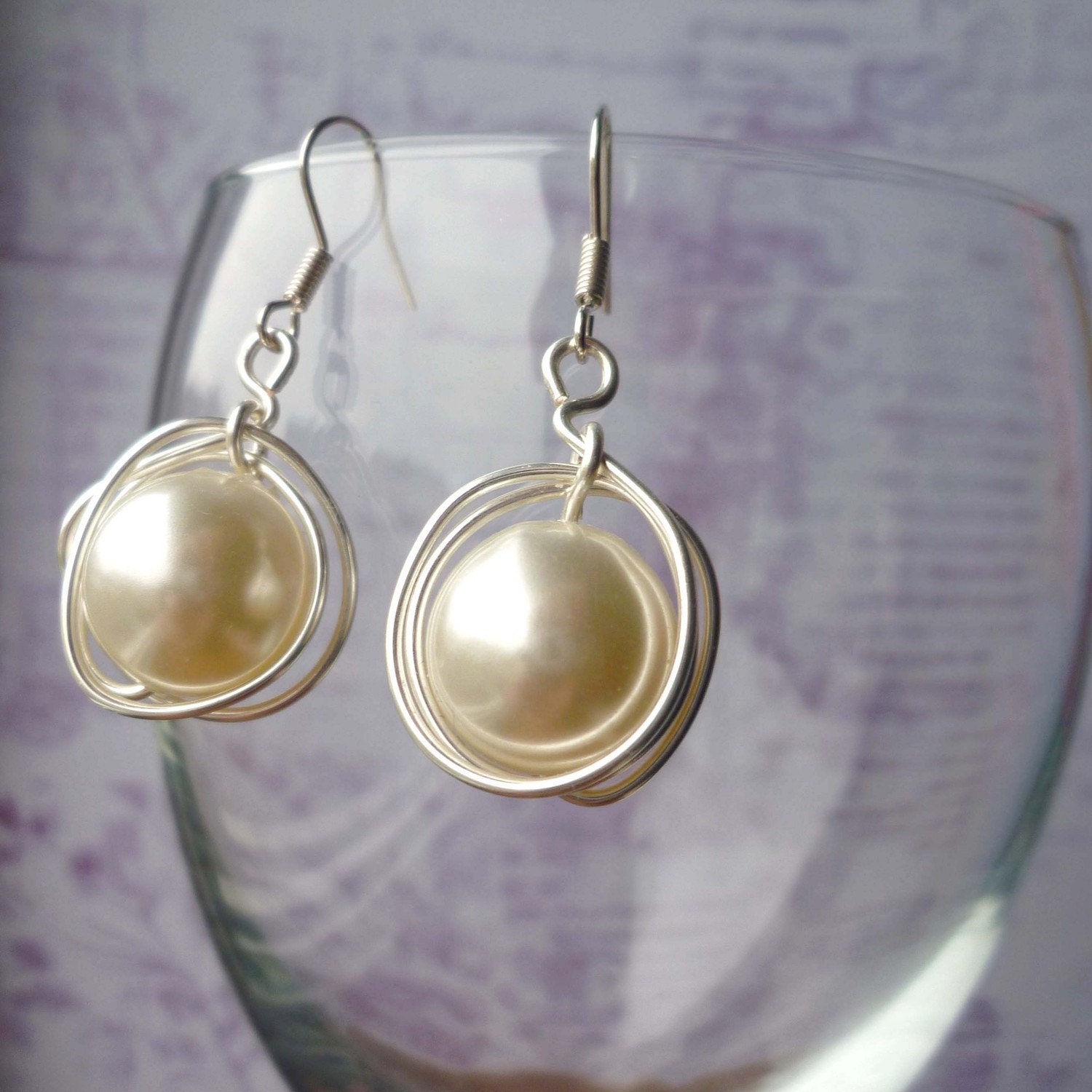 Simple "Snowdrop" Wrapped Silver Wire and Pearl Bead Earrings