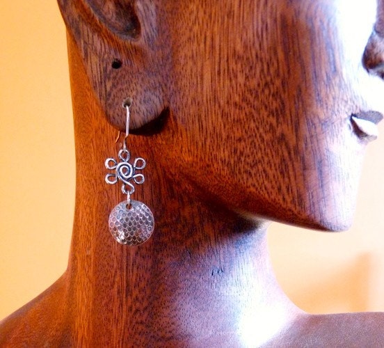Sterling Silver and Copper Disc earrings, Flower Power