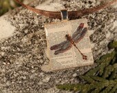 Vintage Dragonfly, a classic Scrabble tile Pendant in a tiny slide top box (Pendant, Ribbon Necklace in Tin Set) -087-