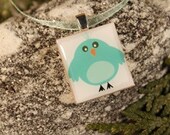 Light Blue Birdie, a fun Scrabble tile Pendant in a tiny slide top box (Pendant, Ribbon Necklace in Tin Set) -096-