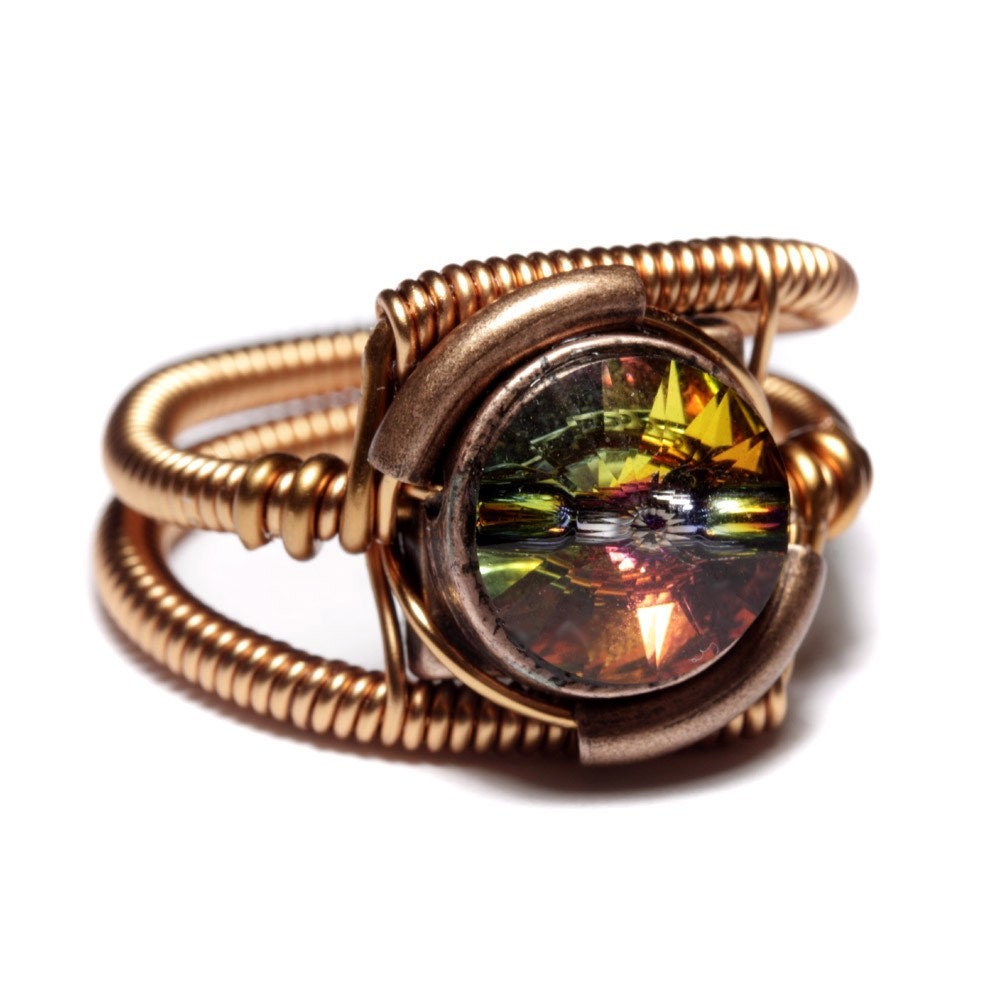 Steampunk Jewelry - RING - Copper with Volcano Swarovski Crystal