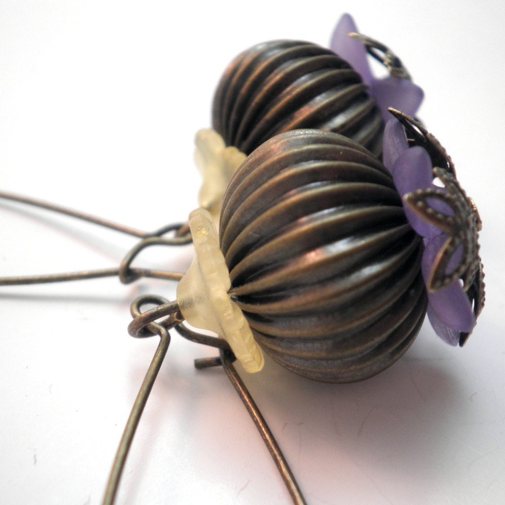Daisy Earrings in Lilac Purple and chiffon yellow accented in Striped Brass Orb