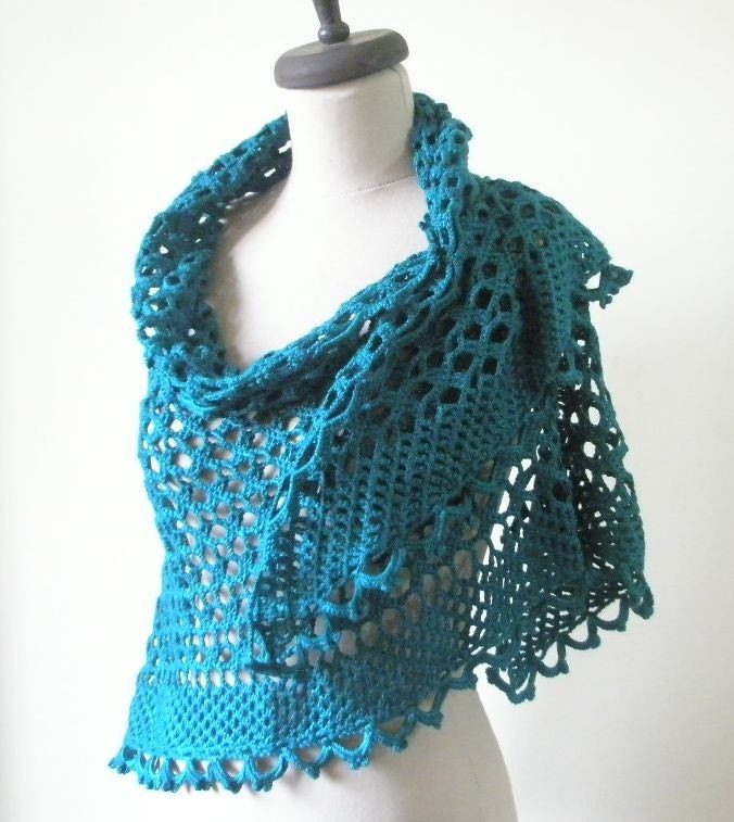EXPRESS DELIVERY Lace Shawl, Teal Crochet Shawl. Chic Handmade Wrap, Wrap Stole, Triangle Scarf, Spring Fashion