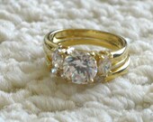 Amazingly Gorgeous Vintage Cubic Ziconia 14 kt Gold Plated Wedding Ring Set with Huge Round CZ Gem Focal and 2 large Marquis sides with 5 smaller round cz gems on 2nd ring size 7 UNWORN
