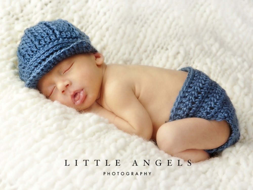 Baby Boy Blue Crochet Hat and Diaper Cover Pattern -- Photography Prop (511)