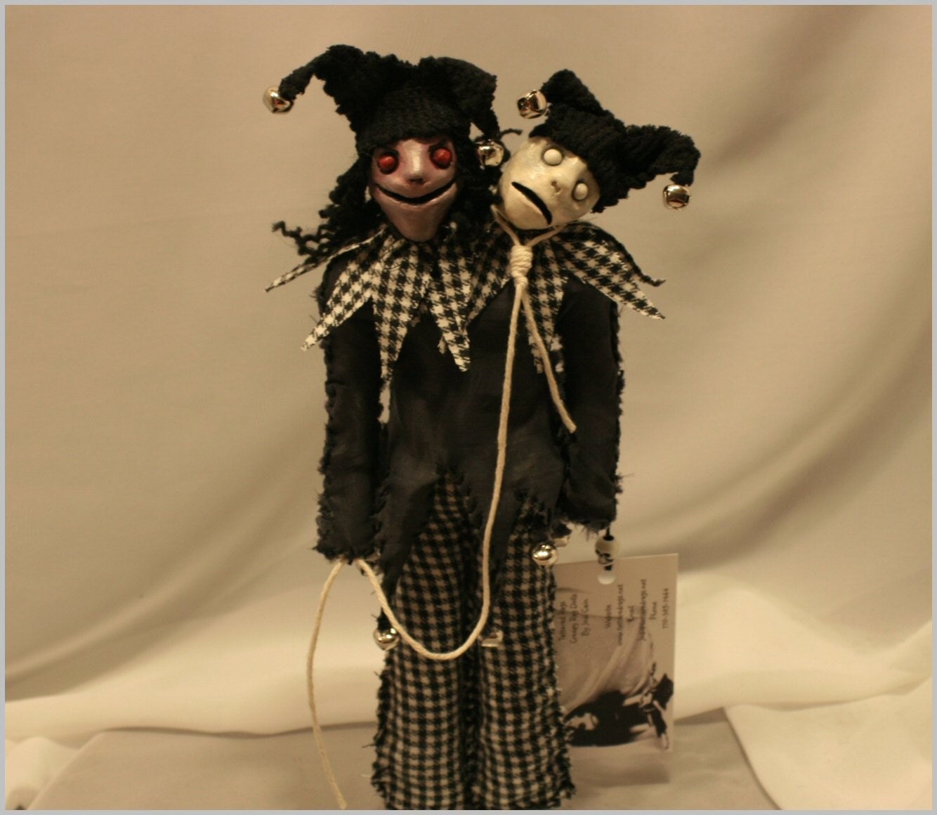 OOAK Siamese Twin Evil Jester Clay Head Doll Creepy Gothic Folk Art By Jodi Cain