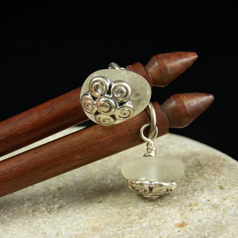 Genuine Sea Glass and Rosewood Hair Sticks Frosty White