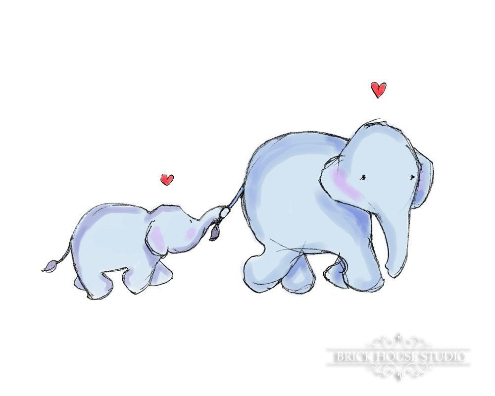 Nursery Room Wall Art - Mama Elephant and Baby, 8x10 Print - BrickHouseStudio