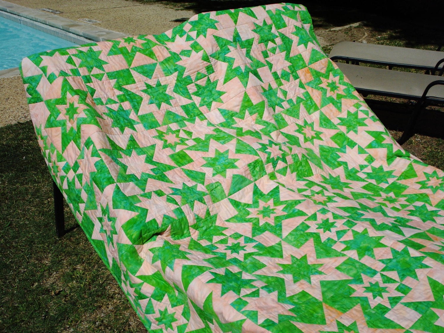 Twin/Double Handmade Quilt  Stars Peach and Green