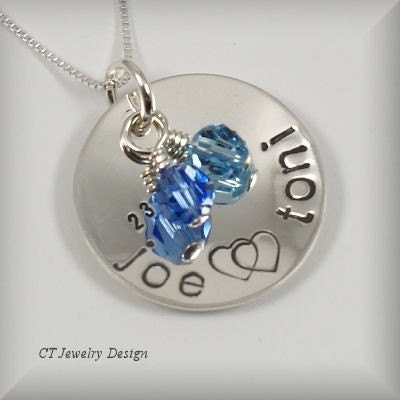 Hand Stamped Personalized Sterling Silver Jewelry Necklace Sweet Heart Love Pendant with Birthstone Accents