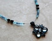 Necklace, Blue Beads, Blue Flower Pendant