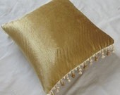 golden tan  velvet cushion cover with tassel detailing 16X16 inch throw pillow cover