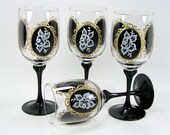 4 Hand Painted Cameo Rose Black Stemmed Wine Glasses