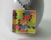 Glass Tile Pendant Necklace - Bright Collage Pattern