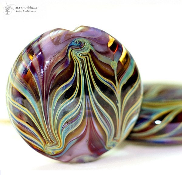 Glass lampwork bead Lilac Feathers Button shaped focal handmade for artisan jewelry designs