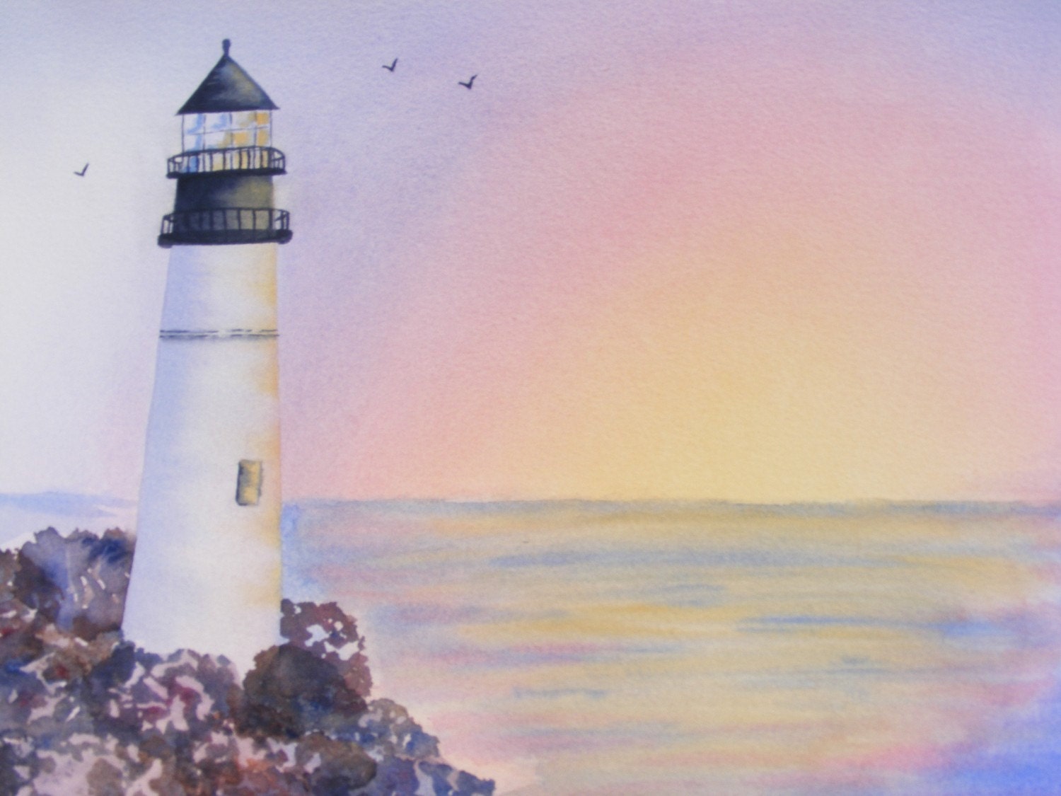 Ocean Overlook-Original Watercolor Painting of Lighthouse
