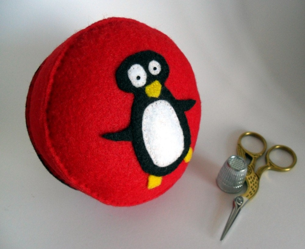 Black Penguin red felt pincushion recycled felt hand sewn