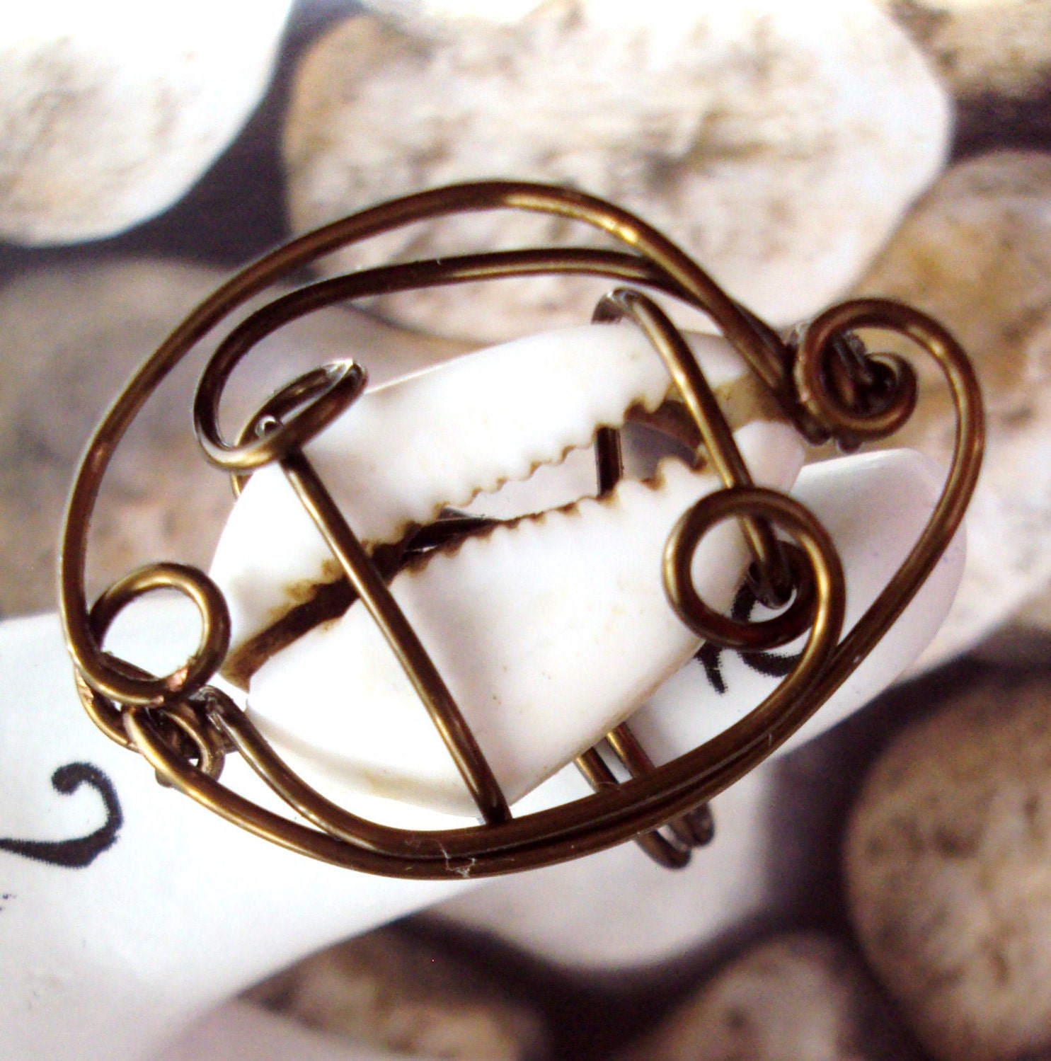 Ring Cowrie Shell Wire Wrapped in Bronze Copper