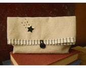 Linen clutch Shooting Star Bag Embroidery Oatmeal Linen purse Black Ticking Stripe Pouch Kindle Make Up Travel Bag tagt team teamspirit