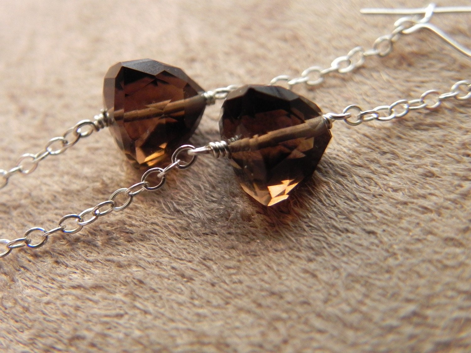 SALE  Faceted Smokey Quartz Pyramids and Sterling Silver Chain Link Earrings SALE