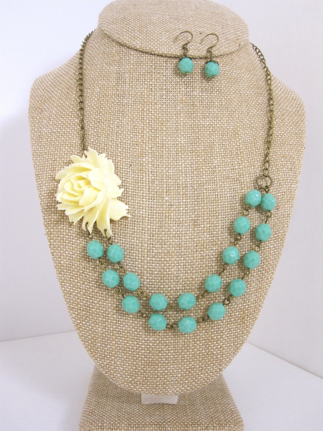 Ivory Flower Necklace with Turquoise Glass Beads Double Strand with Matching Earrings