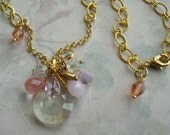 Pink Crystal Bead Cluster Necklace on Golden Chain, Sale Jewelry