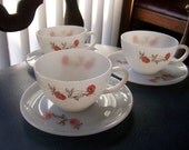 Coffee for Three vintage Fire King Fleurette milk glass cups and saucers