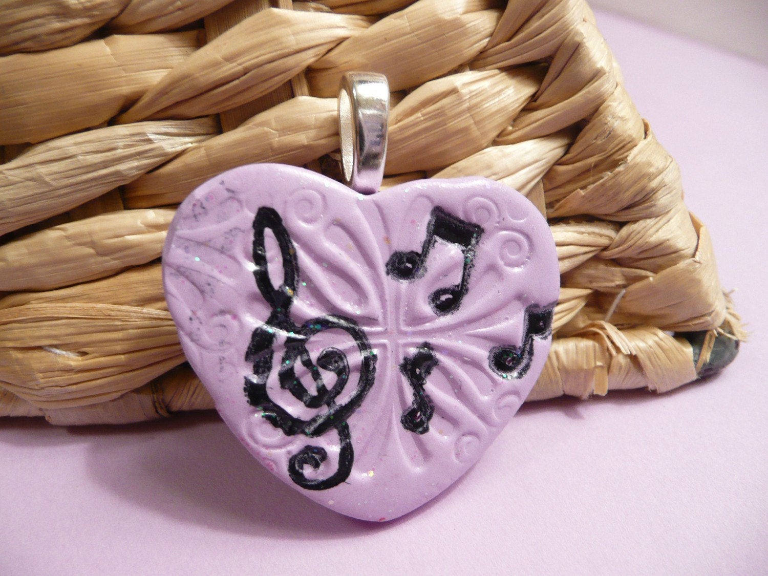 Lavender Music Heart Pendant - handmade polymer clay jewelry