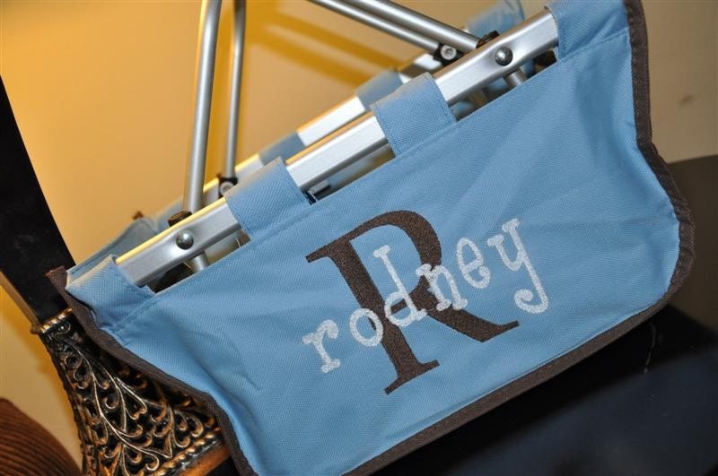 Personalized Collapsible Embroidered Monogrammed mini light blue and brown Market Tote POOL baby Mommy and Me