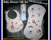 Boutique Kidsline Zanzibar Animals and Blue Chenille Baby Shower Gift Set with Bib Burp Pad and Diaper Bag Changing Pad