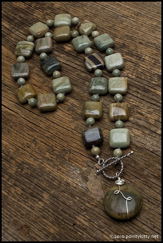 She's Still Waiting - Silver mist jasper and Bali silver necklace with Owyhee jasper pendant
