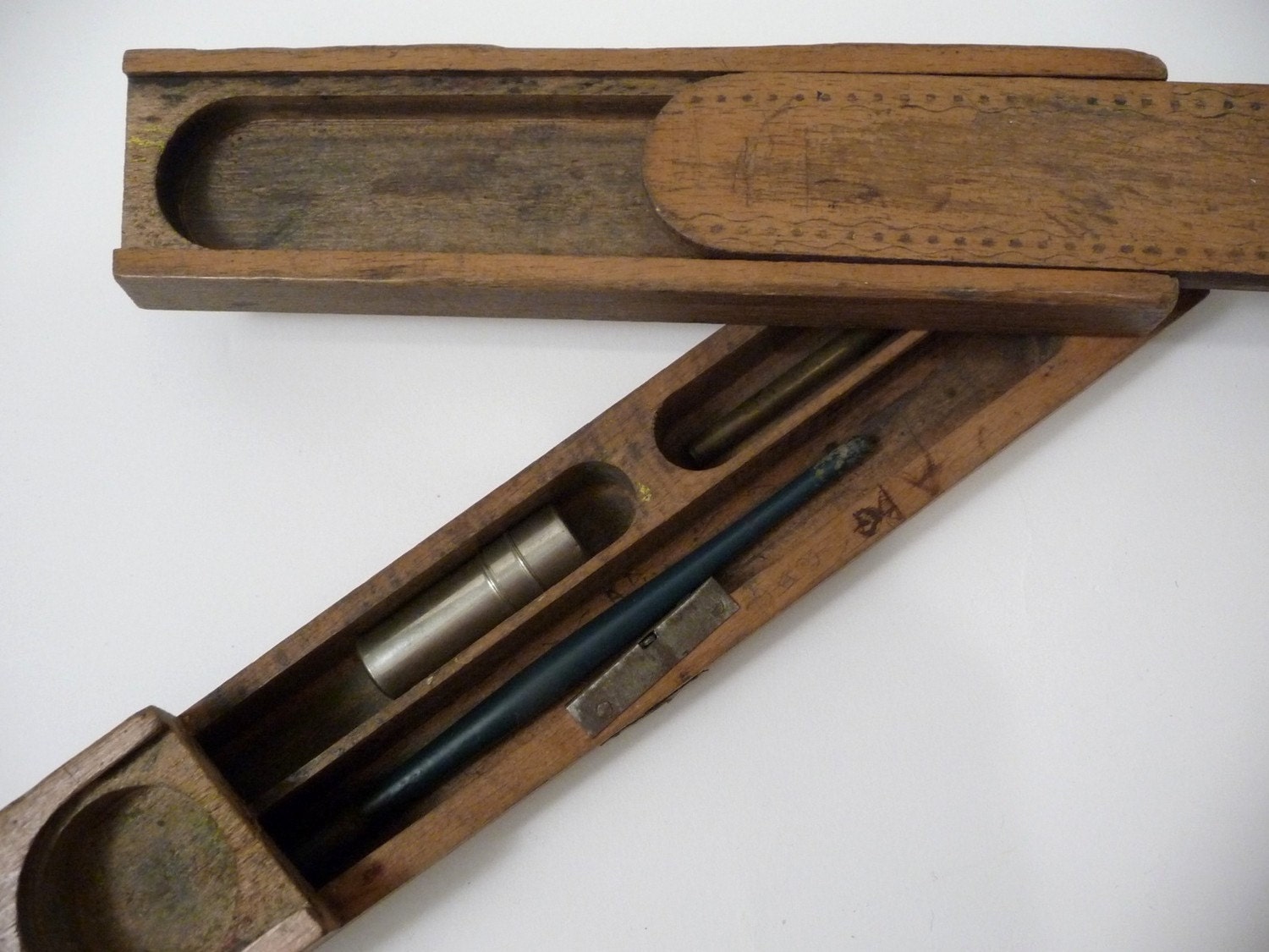 1900's Carved Magic Pencil Box Folk Art Wood American Pine Primitive Southern
