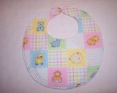 Baby bib, four soft layers, reversible, pink, yellow, & blue baby animals