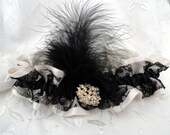 The Millie DeLeon Garter-Ivory Satin and Black Edwardian Era Antique Lace-Rhinestones-ONE OF A KIND