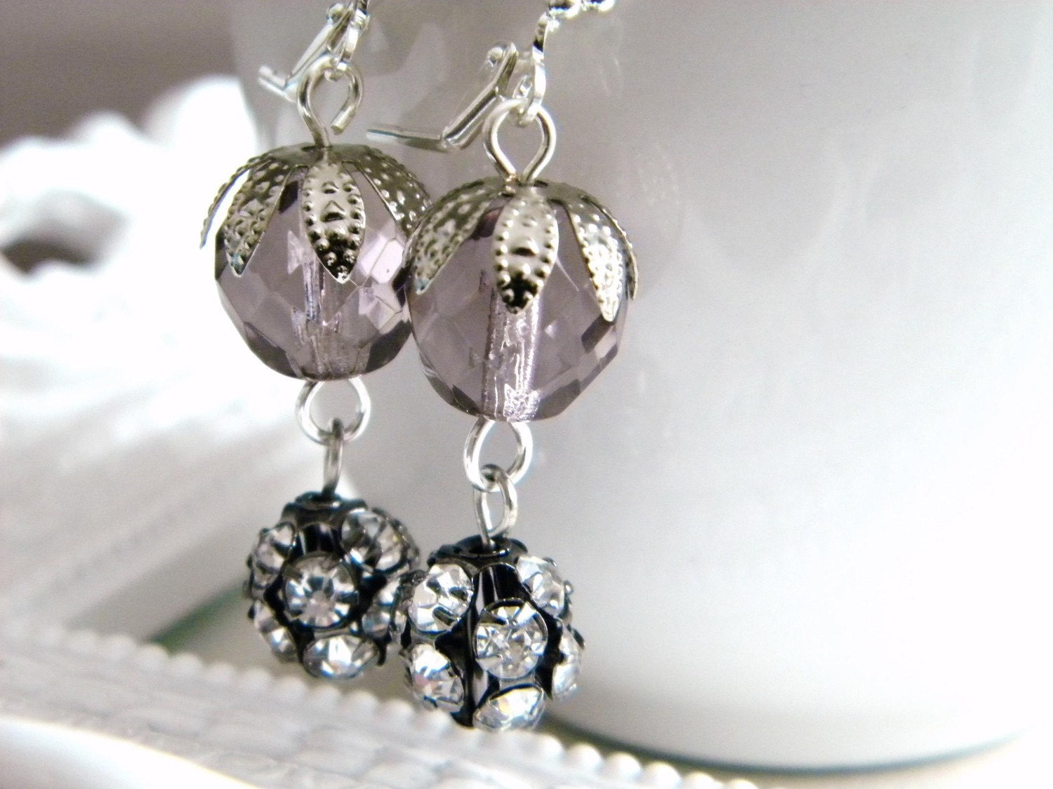 Vintage Style Rhinestone and  Light Purple Amethyst Glass Earrings - Rennee