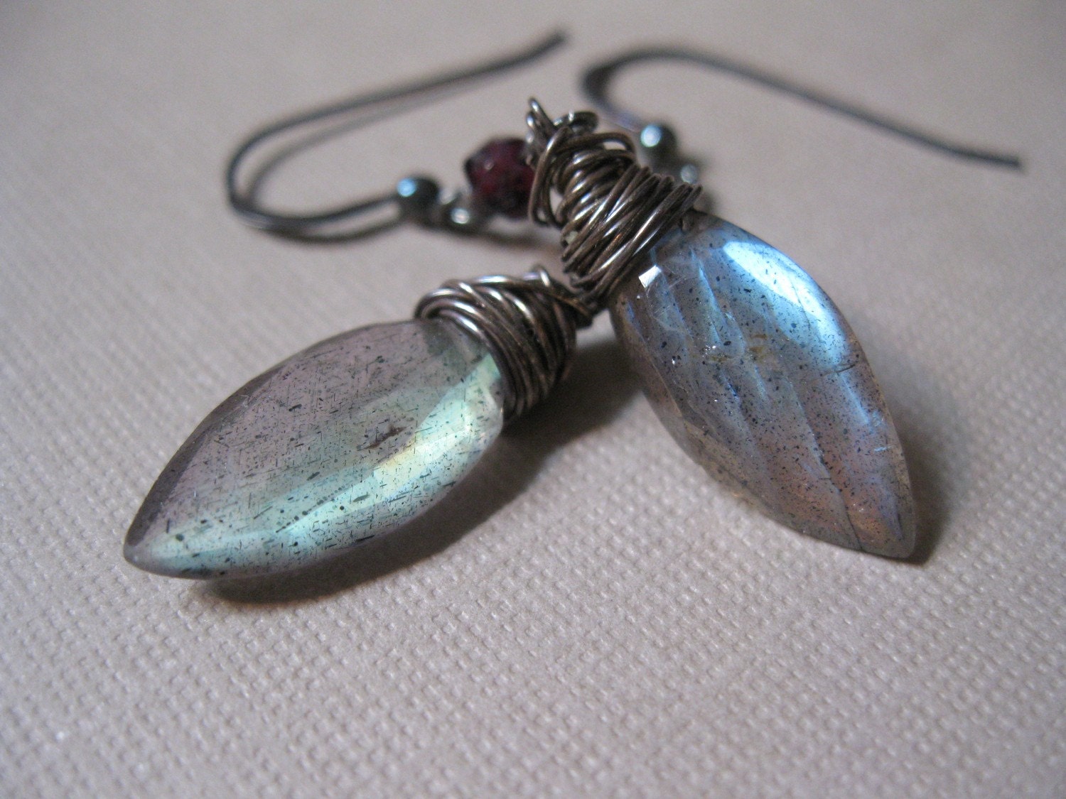 Labradorite & Garnet Earrings, Oxidized Silver