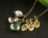 Personalized Jewelry Custom Gemstone Initial Leaf  Pearl Charm Gold or Sterling Silver Necklace - Tokens Of Love - Handmade Mothers Jewelry