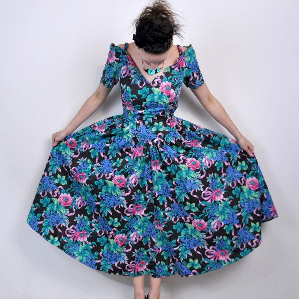 Floral Dress, Blue Pink Black Green Off the Shoulder Small Long