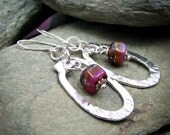 Pink Plum Amber Fine Silver Sterling Oval Earrings Textured Hoops Fused Forged Ready To Ship