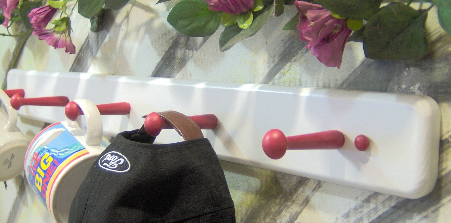 White with red solid wood 5 peg for coats, hats and garments