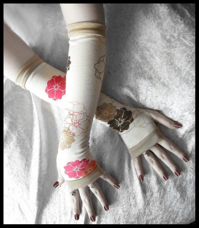 First Hints Arm Warmers - Ivory Cream w/ Brown Khaki Tan Orange & Honeysuckle Pink Floral - Yoga Belly Dance Classic Light Cycling Hooping